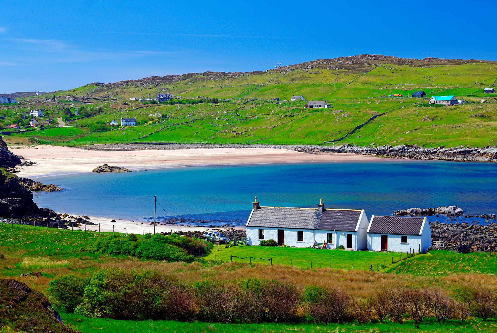 village Scotland blue sky